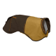 Ein brauner und gelber Hundemantel von Ruffwear, mit einem eleganten Design und orangefarbenen Akzenten sowie einer Seitentasche.