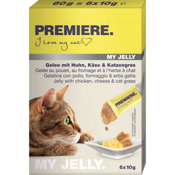 Cat looking at a bowl of jelly treat labeled "MY JELLY" with chicken, cheese, and cat grass; packaging in yellow and white.