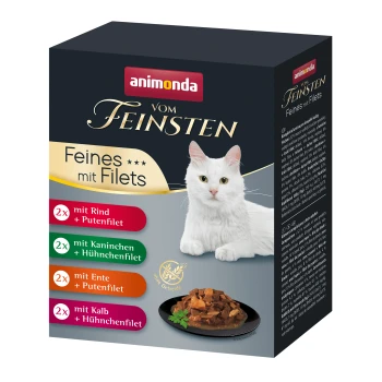 Vom Feinsten Adult Feines mit Filets 8x85 g Katzenfutterverpackung mit einer weißen Katze, beschriftet "animonda vom Feinsten Feines mit Filets," mit Geschmacksrichtungen wie Rind, Kaninchen, Ente und Kalb.