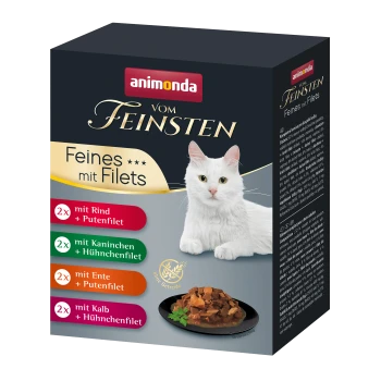 Katzenfutterverpackung mit einer weißen Katze, beschriftet "animonda vom Feinsten Feines mit Filets," mit Geschmacksrichtungen wie Rind, Kaninchen, Ente und Kalb.