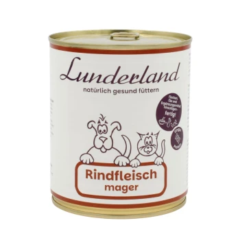 Dose mit Tiernahrung, die "Lunderland" beschriftet ist und cartoonartige Tiere sowie den Text "Rindfleisch mager" (mageres Rindfleisch) auf Deutsch zeigt.