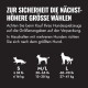 Deutsche Hundespielzeug-Größentabelle: „ZUR SICHERHEIT DIE NÄCHST-HÖHERE GRÖSSE WÄHLEN“ mit Symbolen für S, M/L, L und Gewichtsspannen (lb/kg).