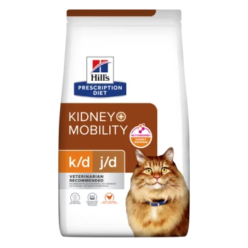 Hill's Prescription Diet Kidney + Mobility kattenvoer zak met een bruine tabby kat, met tekst die 'k/d j/d' en 'Veterinarian Recommended' benadrukt.