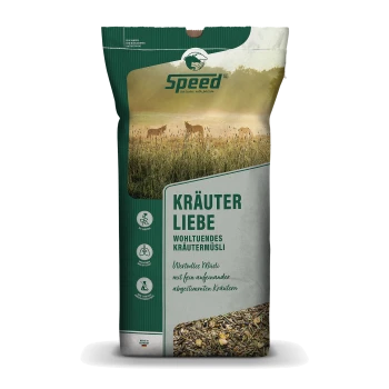 Ein Sack "Speed Kräuter Liebe" Kräuter-Müsli für Haustiere, mit grünem Design und Pferden sowie Text über seine Vorteile.