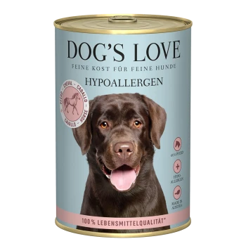 Dose DOG'S LOVE hypoallergenes Hundefutter mit einem glücklichen braunen Hund und Pferdefleisch-Etikett, hergestellt in Österreich.