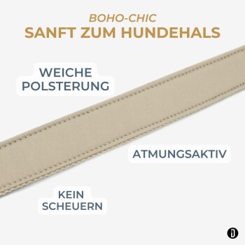 Beiger gepolsterter Hundehalsband-Riemen; Text: BOHO-CHIC SANFT ZUM HUNDEHALS; Etiketten: WEICHE POLSTERUNG, ATMUNGSAKTIV, KEIN SCHEUERN.