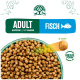 Erwachsenen-Katzenfutter mit Fisch, mit kleinen Kroketten (6 mm) in einer grünen Schüssel, beschriftet mit 'NEUE FORM' und 'KATZEN | 1-7 JAHRE.'