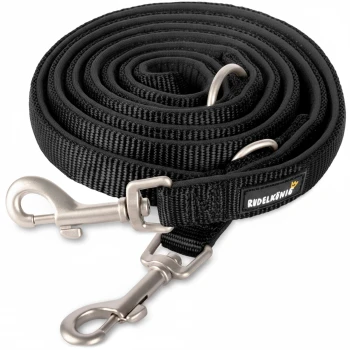 Aufgewickelte schwarze, doppelseitige Nylon-Hundeleine mit Metall-Schwenkclips, D-Ringen und 'RUDELKÖNIG'-Etikett mit Krone.