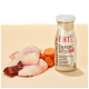 Eine SmoothieCat-Ente-Snackflasche für Katzen, die rohe Entenstücke und Karottenscheiben enthält, mit Text über ihre Vorteile.