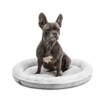 Ein grauer Französischer Bulldogge sitzt auf einem plüschigen, runden Hundebett mit einem weichen, hellgrauen Innenraum und einem dunkleren grauen Außenraum.