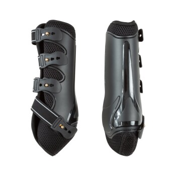 Schwarze Beinorthesen für Haustiere mit verstellbaren Riemen und Netzpaneelen, aus zwei Winkeln gezeigt, beschriftet mit "LINKS" und "RECHTS."