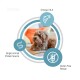 Ein kleiner Hund steht auf Holz, umgeben von Symbolen und Text für Lecithin, FOS und Clinoptilolith-Zutaten.