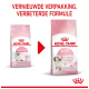 Twee roze Royal Canin Kitten-zakken (oud en nieuw) met rode pijl; zichtbare tekst 'VERNIEUWDE VERPAKKING, VERBETERDE FORMULE'.