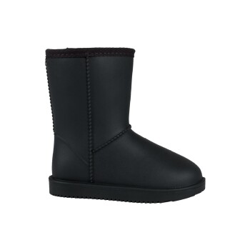 Schwarzer Haustierstiefel mit glatter Oberfläche, mit einer genähten Naht und einer Gummisohle, entworfen für Wärme und Schutz.