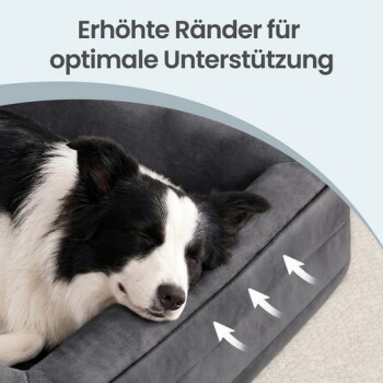 Schlafender schwarz-weißer Hund in einem grauen Hundebett mit Rand, Pfeile zeigen auf den erhöhten Rand; sichtbarer Text: „Erhöhte Ränder für optimale Unterstützung“.