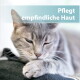Nahaufnahme einer grau getigerten Katze, die ihre Pfote ausruht; türkiser Banner mit der Aufschrift 'Pflegt empfindliche Haut'.