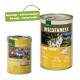 Zwei Dosen Haustierfutter: eine kleinere mit der Aufschrift "Wilderness Pure Turkey" (95% Truthahn) und eine größere Dose mit einem Wolfbild und neuem Design.