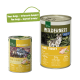 Zwei Dosen Haustierfutter: eine kleinere mit der Aufschrift "Wilderness Pure Turkey" (95% Truthahn) und eine größere Dose mit einem Wolfbild und neuem Design.