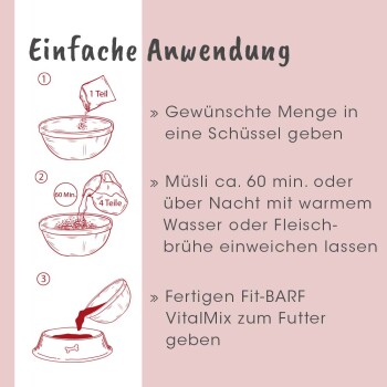 Anleitung für Tierfutter: Portion in die Schüssel geben, 60 Minuten in warmem Wasser einweichen, dann Fit-BARF VitalMix servieren.