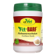 Behälter mit cdVet Fitt-BARF Flohsamen, etikettiert in Gelb und Grün, mit dem Text "Natur Pur" und einem kleinen Bild des Produkts.