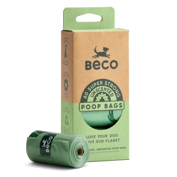Beco unscented poop bags box and green roll - '60 Super Strong Unscented Poop Bags' and 'Love Your Dog Love Our Planet' text