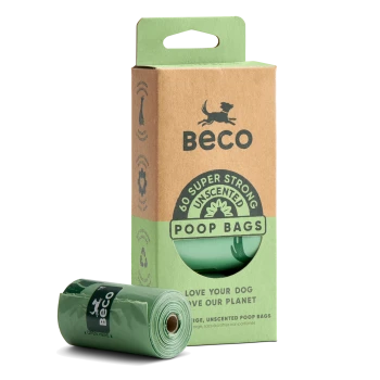 Beco unscented poop bags box and green roll - '60 Super Strong Unscented Poop Bags' and 'Love Your Dog Love Our Planet' text