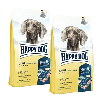 Zwei Beutel Happy Dog Light Calorie Control Hundefutter mit grauem Hundebild und Text, der 40 % weniger Fett und hohen Ballaststoffgehalt hervorhebt.