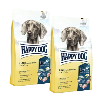 Zwei Beutel Happy Dog Light Calorie Control Hundefutter mit grauem Hundebild und Text, der 40 % weniger Fett und hohen Ballaststoffgehalt hervorhebt.