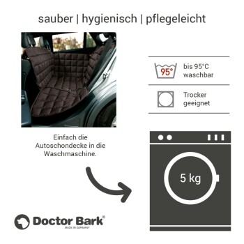 Ein brauner, gesteppter Autositzbezug, der in einem Fahrzeug angezeigt wird, mit Text, der seine waschbaren Eigenschaften bis 95°C und trocknergeeignet hervorhebt.