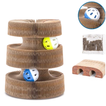 Katzenspielzeugturm aus Wellpappe mit drei Ebenen, ausgestattet mit zwei bunten Bällen (gelb und blau) im Inneren.