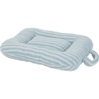 Light blue ribbed plush rectangular pet bed with raised bolstered sides and side carry loop