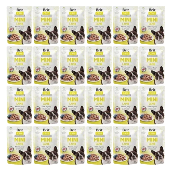Mehrere Beutel Brit Care Mini Lamm-Hundefutter, mit einem französischen Bulldoggen auf der Verpackung, beschriftet mit "Filets in Soße" und jeweils 85 g schwer.