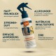 Eine "nimo" Sprühflasche zur Geruchsentfernung von Katzenstreu, mit Katzen- und Zitronenbildern, mit Text über natürliche Inhaltsstoffe und einfache Anwendung.