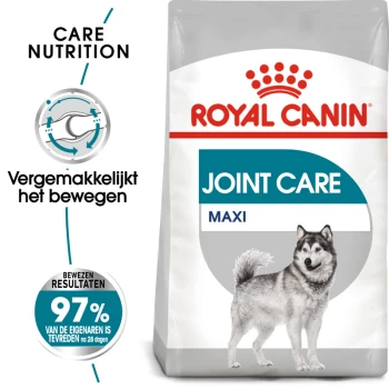 Royal Canin Joint Care Maxi hondenvoer zak met een Siberische Husky, met tekst die zorgvoeding en een tevredenheidspercentage van 97% benadrukt.