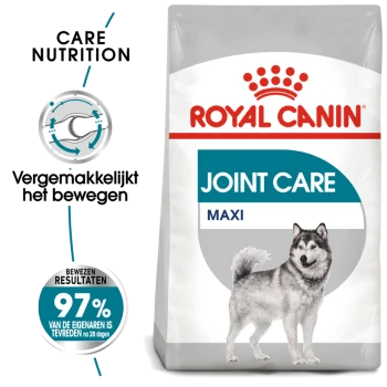 Royal Canin Joint Care Maxi hondenvoer zak met een Siberische Husky, met tekst die zorgvoeding en een tevredenheidspercentage van 97% benadrukt.