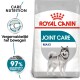 Royal Canin Joint Care Maxi hondenvoer zak met een Siberische Husky, met tekst die zorgvoeding en een tevredenheidspercentage van 97% benadrukt.