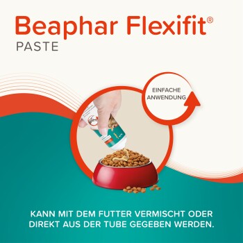 Beaphar Flexifit Paste wird aus einer Tube in eine rote Futterschüssel für Haustiere gegossen, die mit Trockenfutter gefüllt ist, mit Text, der die einfache Anwendung hervorhebt.