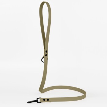 Eine khakifarbene Hundeleine mit einem Schlaufenhandgriff und einem Clip am Ende, vor einem weißen Hintergrund präsentiert.