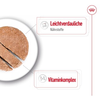 Haustierfutter auf einem weißen Teller, in Scheiben geschnitten, mit Text, der "Leichtverdauliche Nährstoffe" und "Vitamincomplex" hervorhebt.