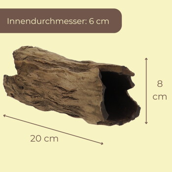Hohles künstliches Treibholzversteck fürs Aquarium mit Aufschrift 'Innendurchmesser: 6 cm', zeigt 20 cm Länge und 8 cm Höhe