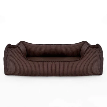 Braunes Corduroy-Hundebett mit erhöhten Rändern für Komfort, mit einem kleinen Etikett, das "PAW WOW" liest.