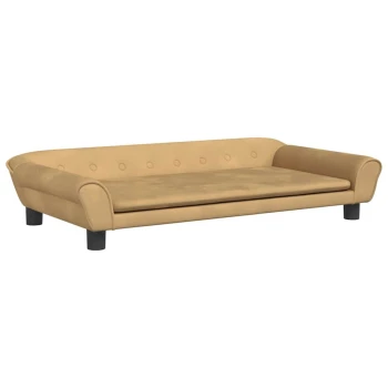 Stylisches beiges Haustiersofa mit abgerundeten Armen und Knopfdetails, auf vier schwarzen Beinen ruhend, perfekt zum Entspannen für Haustiere.