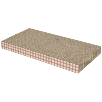 Rechteckiges Katzenkratzpad aus Wellpappe mit beige karierten Seiten (Vichy-Muster)