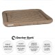 Beige gepolstertes Haustierbett mit der Aufschrift "Doctor Bark," das Haltbarkeit, waschbar bis 95°C, orthopädische Unterstützung, allergikerfreundlich und 10 Jahre Garantie hervorhebt.
