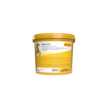 Josera Aktiv 2.0 Pferdefutter in einem gelben 2-kg-Behälter mit Pferdebild und deutschem Text zu Inhaltsstoffen und Vorteilen.