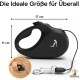 Schwarze, ausziehbare Hundeleine (17 cm x 11 cm) mit silbernem Clip, Hundelogo und dem Text "Die Ideale Größe für Überall." Passt in eine Tasche.