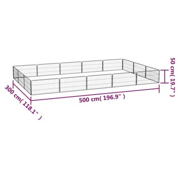 Ein rechteckiger Metallspielplatz für Haustiere mit den Abmessungen: 500 cm (196,9 Zoll) lang, 300 cm (118,1 Zoll) breit und 50 cm (19,7 Zoll) hoch.