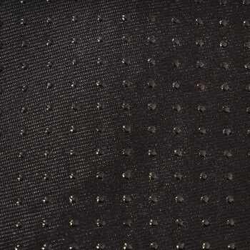 Schwarzer Stoff mit einem strukturierten Muster aus kleinen, glänzenden Punkten, geeignet für Haustierbekleidung oder -zubehör.