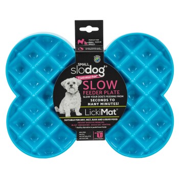 Blauer Small SloDog Slow Feeder-Teller für Hunde, geeignet für Trocken-, Nass-, Roh- und Flüssignahrung, BPA-frei.
