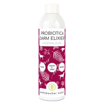 Probiotika für Hunde Probiotica Darm Elixier für Hunde, mit einem lila Blumenmuster, beschriftet mit "HUND," "MAGEN & DARM," und "PROBIO."